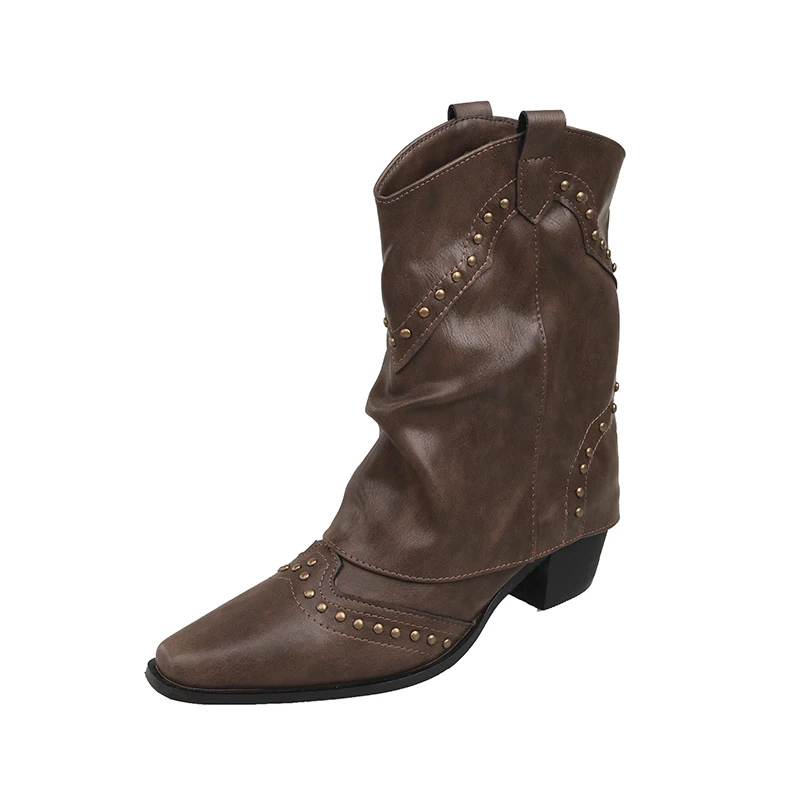 MODEGEIST Damen Western-Stiefel mit Nieten-Details und Mittelhohem Absatz