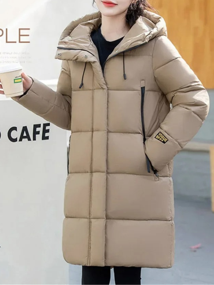 ModeGeist | Stylische Khakifarbene Pufferjacke mit Kapuze und Reißverschluss