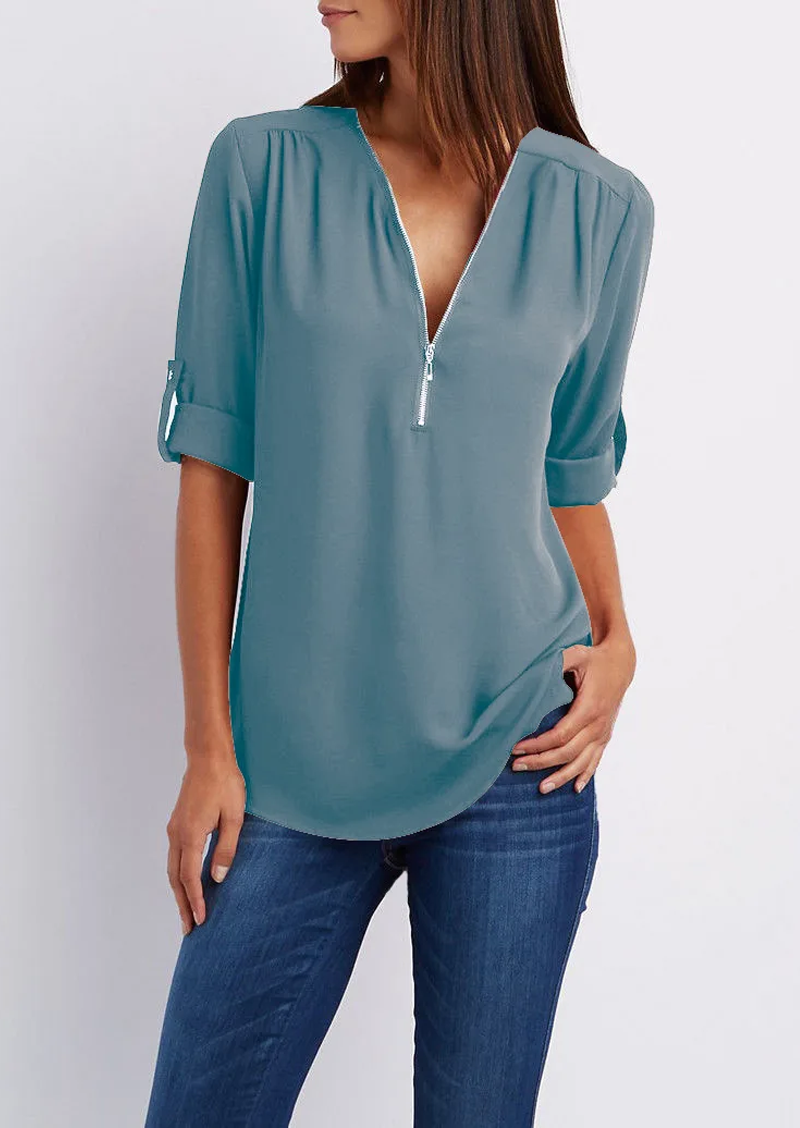 V-Ausschnitt Bluse mit Reißverschluss - Tina