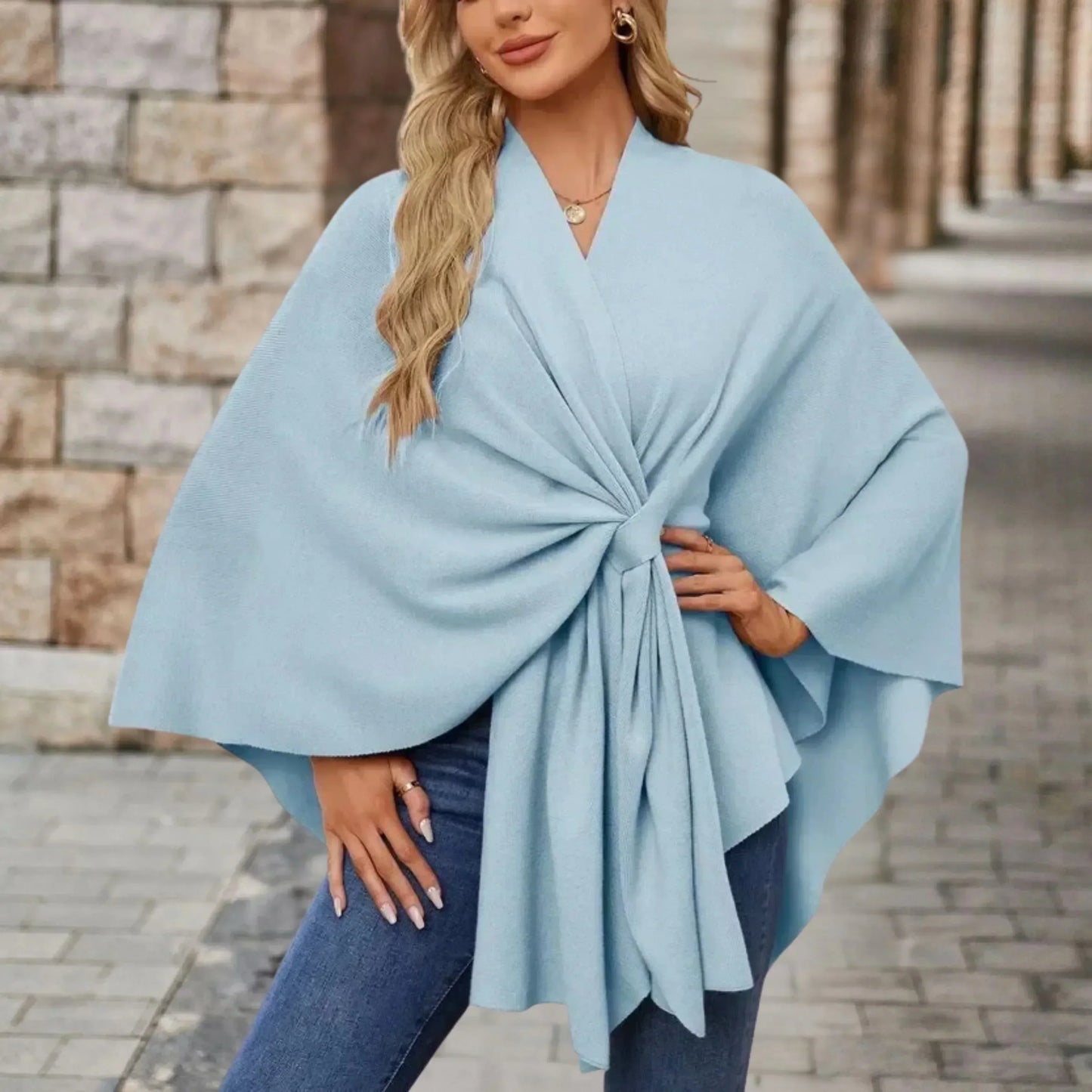 MODEGEIST Damen Poncho Leicht Draped Knoten-Design Oversized