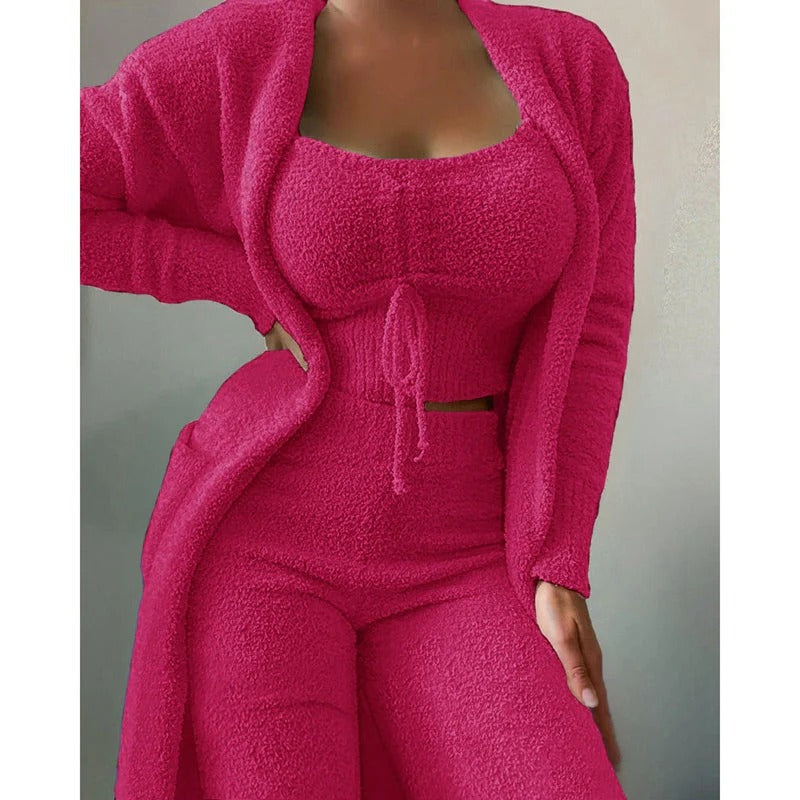 Damen Pyjama Carlotta: Bequemer 3-teiliger Fleece-Baumwoll Schlafanzug