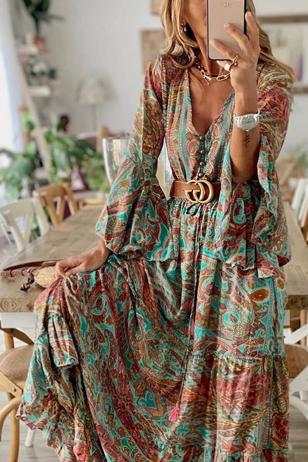 ModeGeist | Damen Bohemianpaisley Druck & Trompetenärmel Kleid Maxi