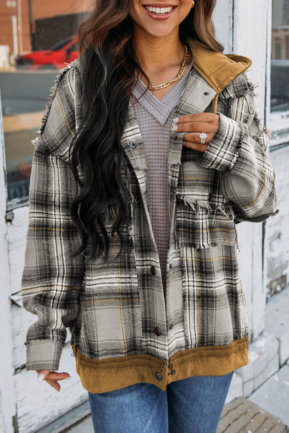 ModeGeist | Karierte Jacke mit Kapuze und Rohen Kanten Baumwolle Lässig und Trendy