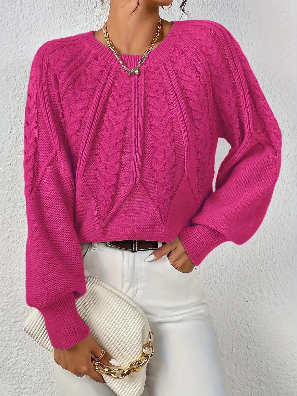 MODEGEIST Damen Strickpullover Cable-Knit Oversize Beige Baumwolle