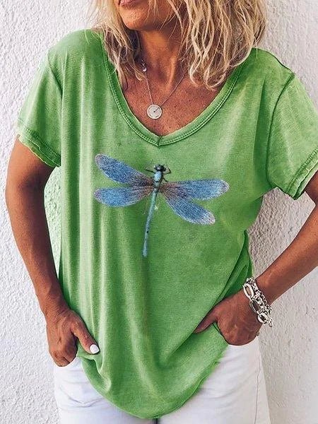 MODEGEIST Damen V-Ausschnitt T-Shirt Libellen-Print Rosa Casual