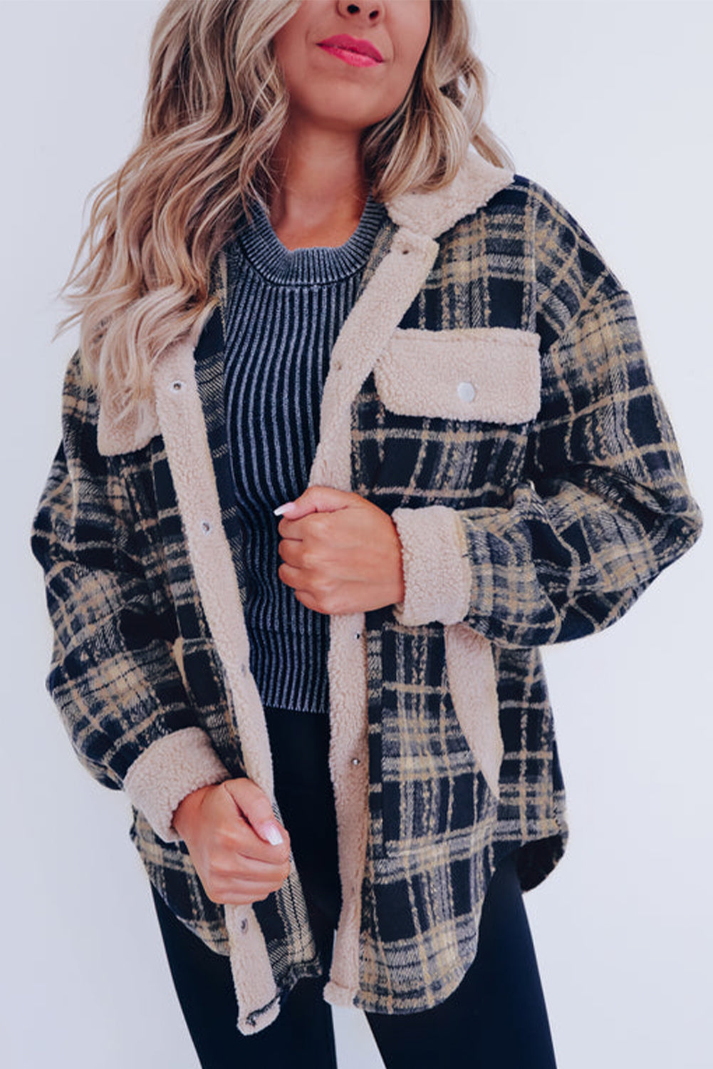 ModeGeist | Karierter Teddyjacke mit Sherpa Polyester-mischung Warm und Bequem