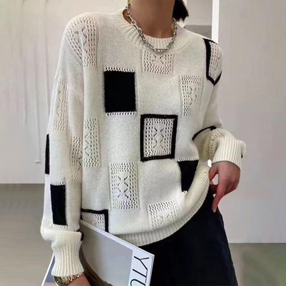 MODEGEIST Damen Strickpullover Patchwork Design Langarm warm Winter