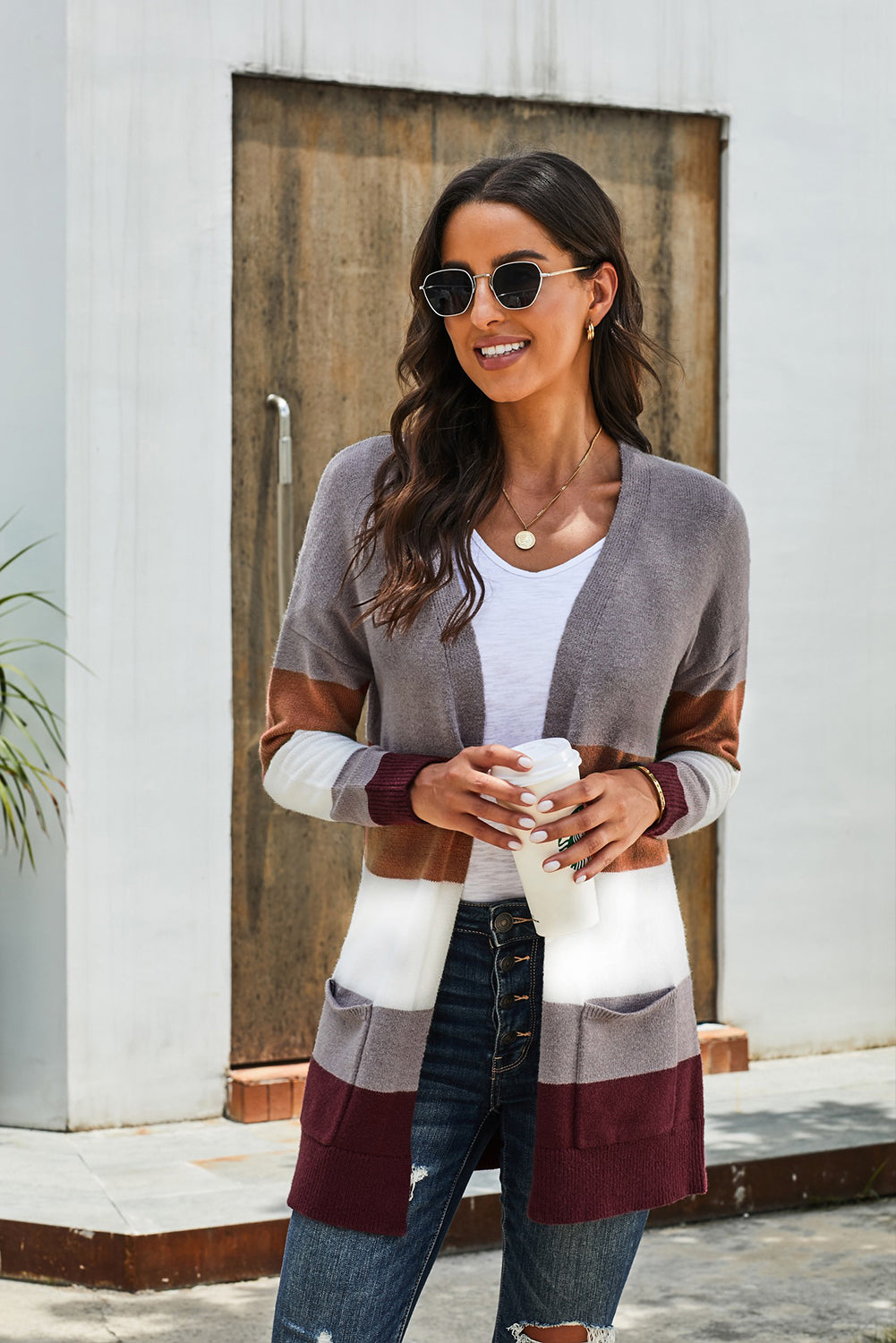 ModeGeist | Farbblock Offene Front Rippbündchen Cardigan mit Taschen