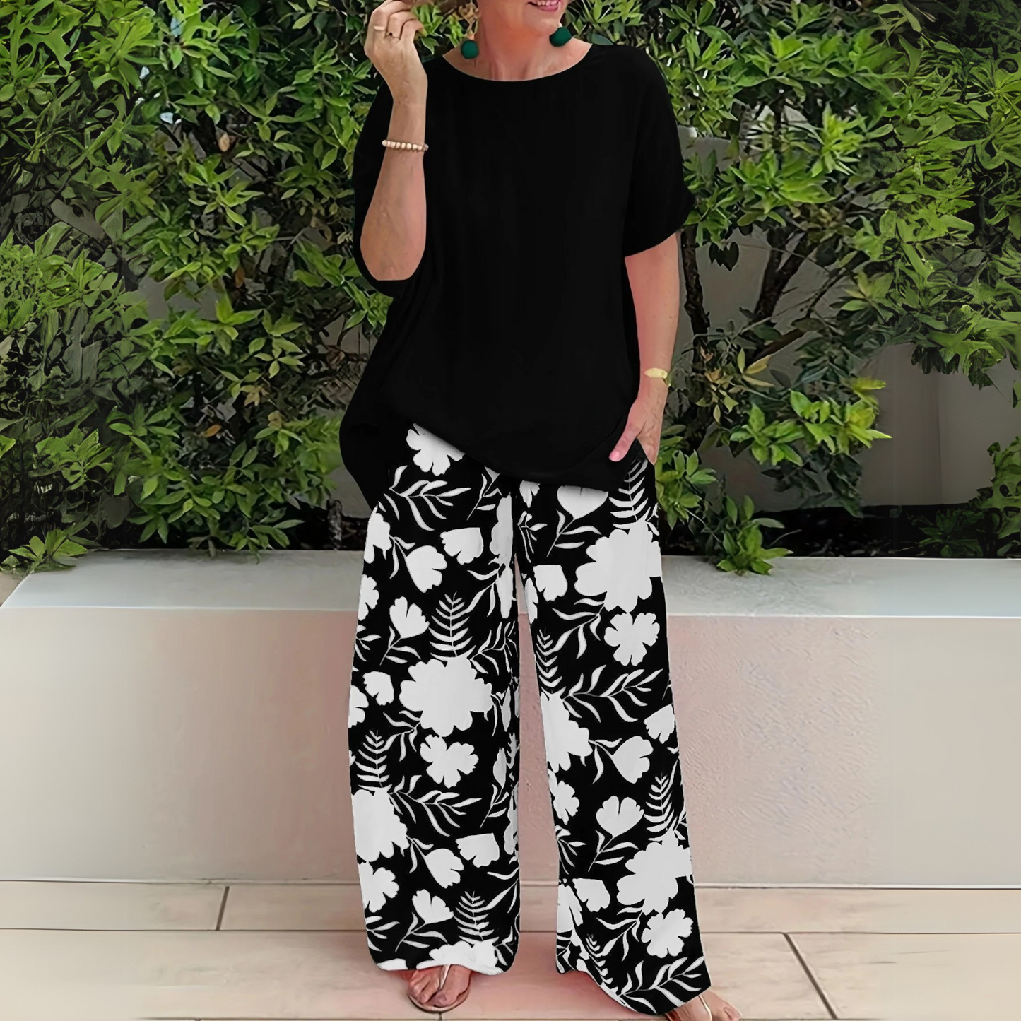 MODEGEIST Damen Zweiteiler-Set Blumenmuster Viskose Weitbein-Hose Leicht