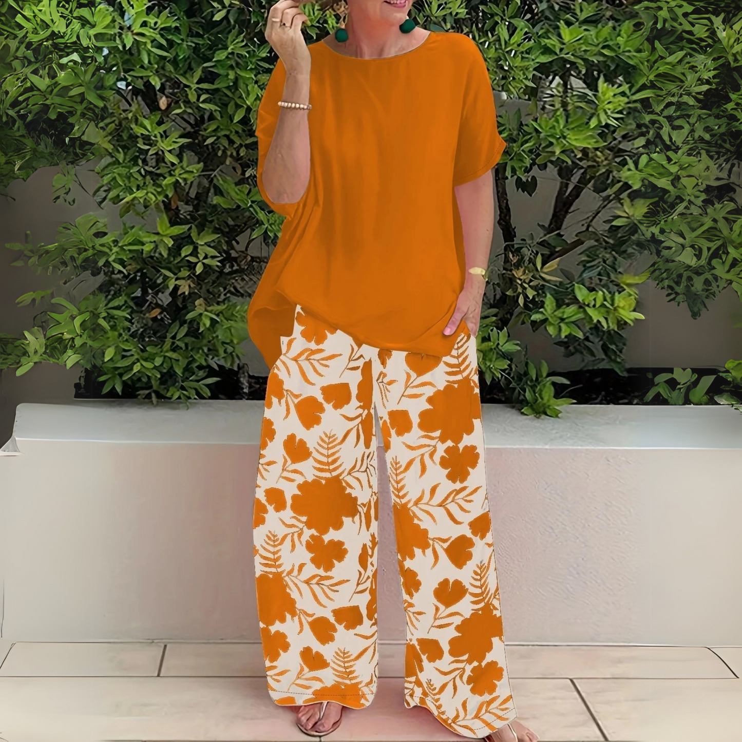 MODEGEIST Damen Zweiteiler-Set Blumenmuster Viskose Weitbein-Hose Leicht