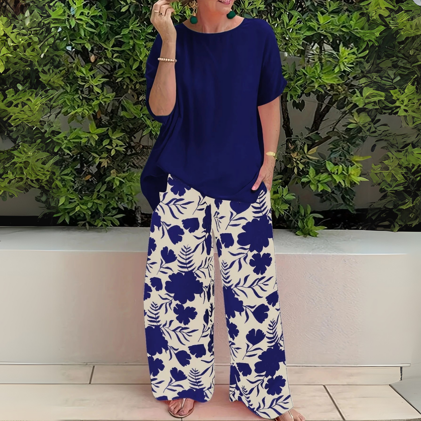 MODEGEIST Damen Zweiteiler-Set Blumenmuster Viskose Weitbein-Hose Leicht
