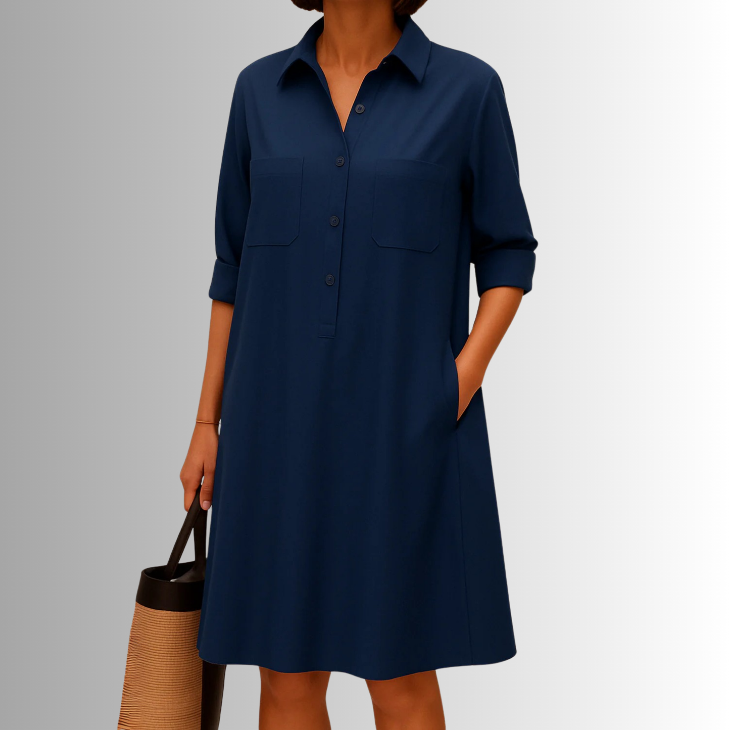 MODEGEIST Damen Knopf-Kleid A-Linie Leichter Stoff Dreiviertel-Ärmel