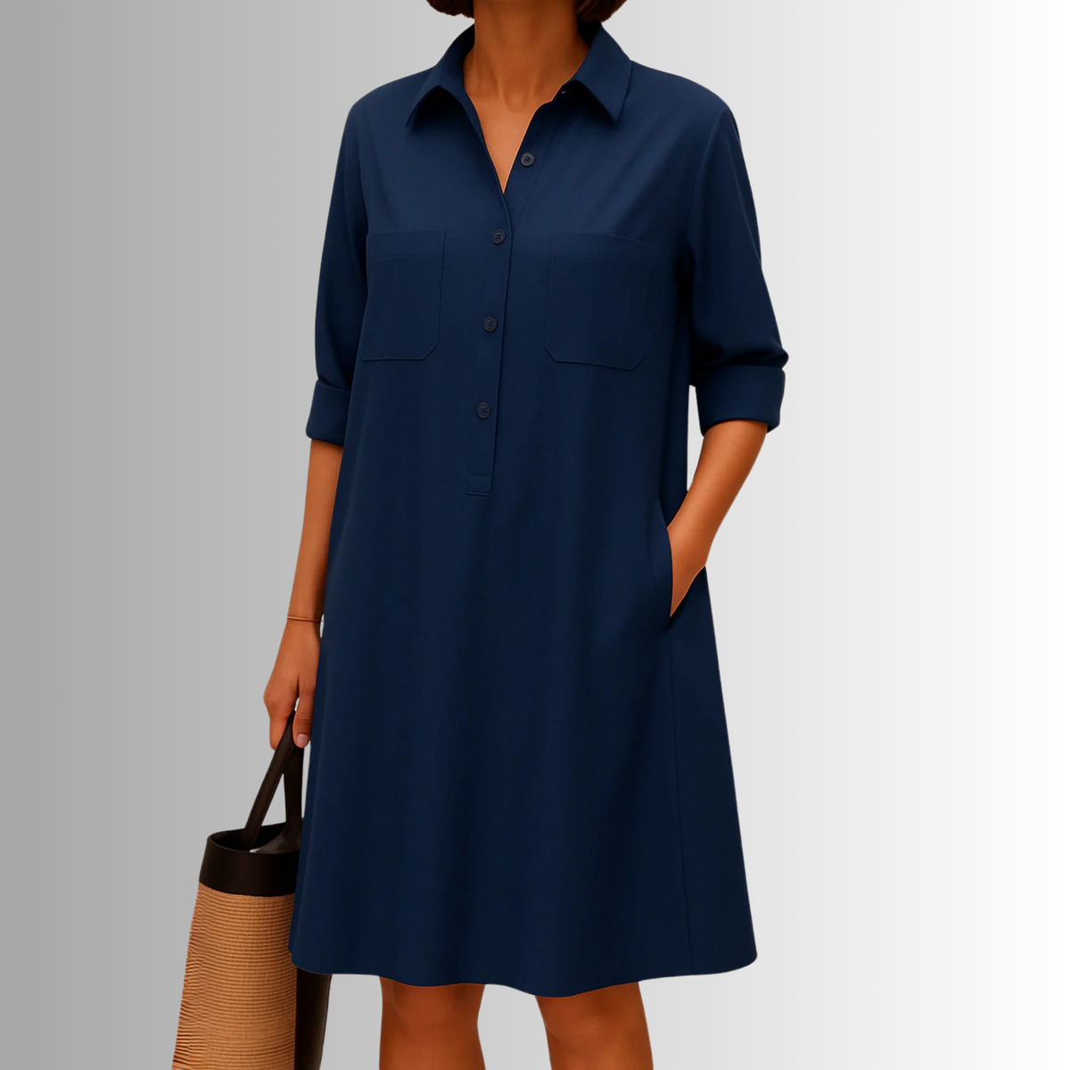 MODEGEIST Damen Knopf-Kleid A-Linie Leichter Stoff Dreiviertel-Ärmel