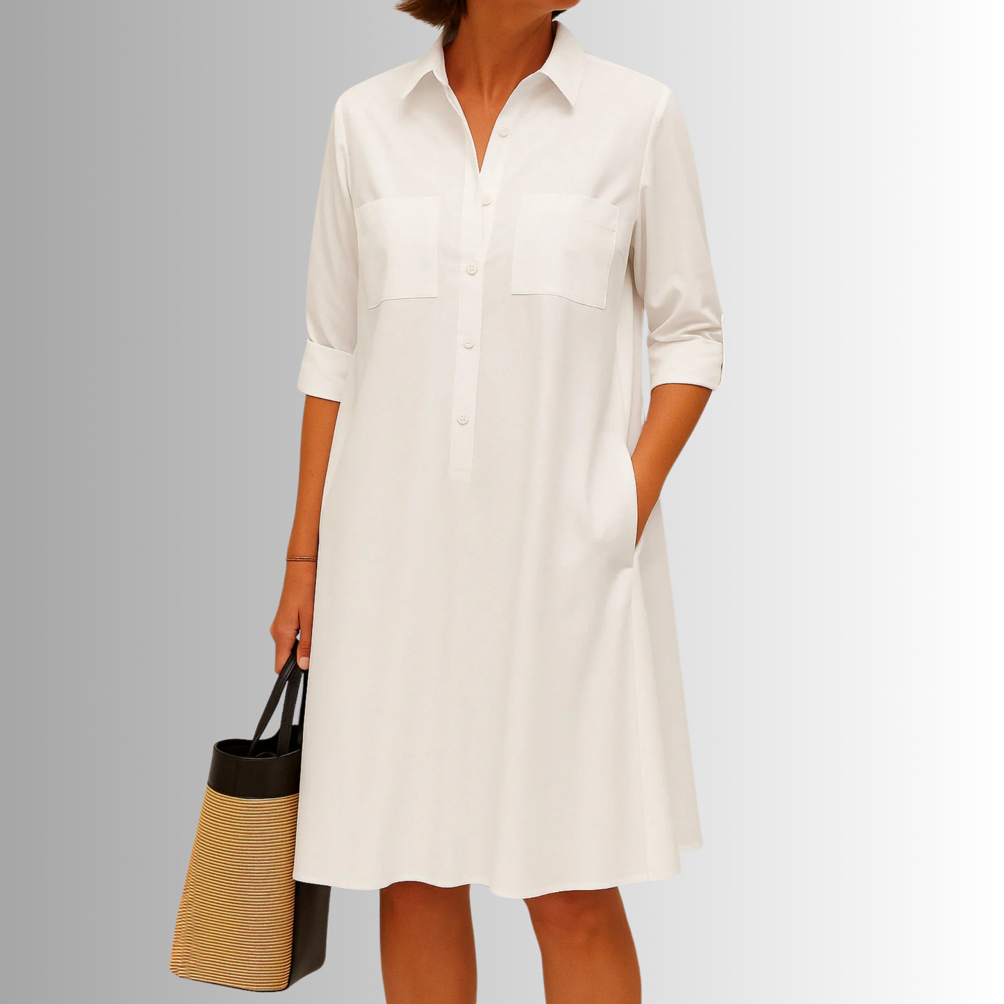 MODEGEIST Damen Knopf-Kleid A-Linie Leichter Stoff Dreiviertel-Ärmel