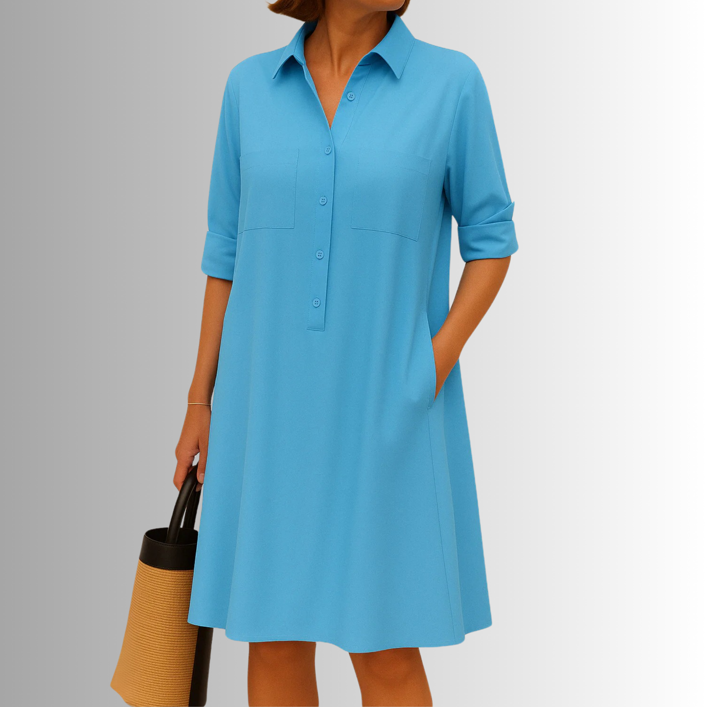 MODEGEIST Damen Knopf-Kleid A-Linie Leichter Stoff Dreiviertel-Ärmel