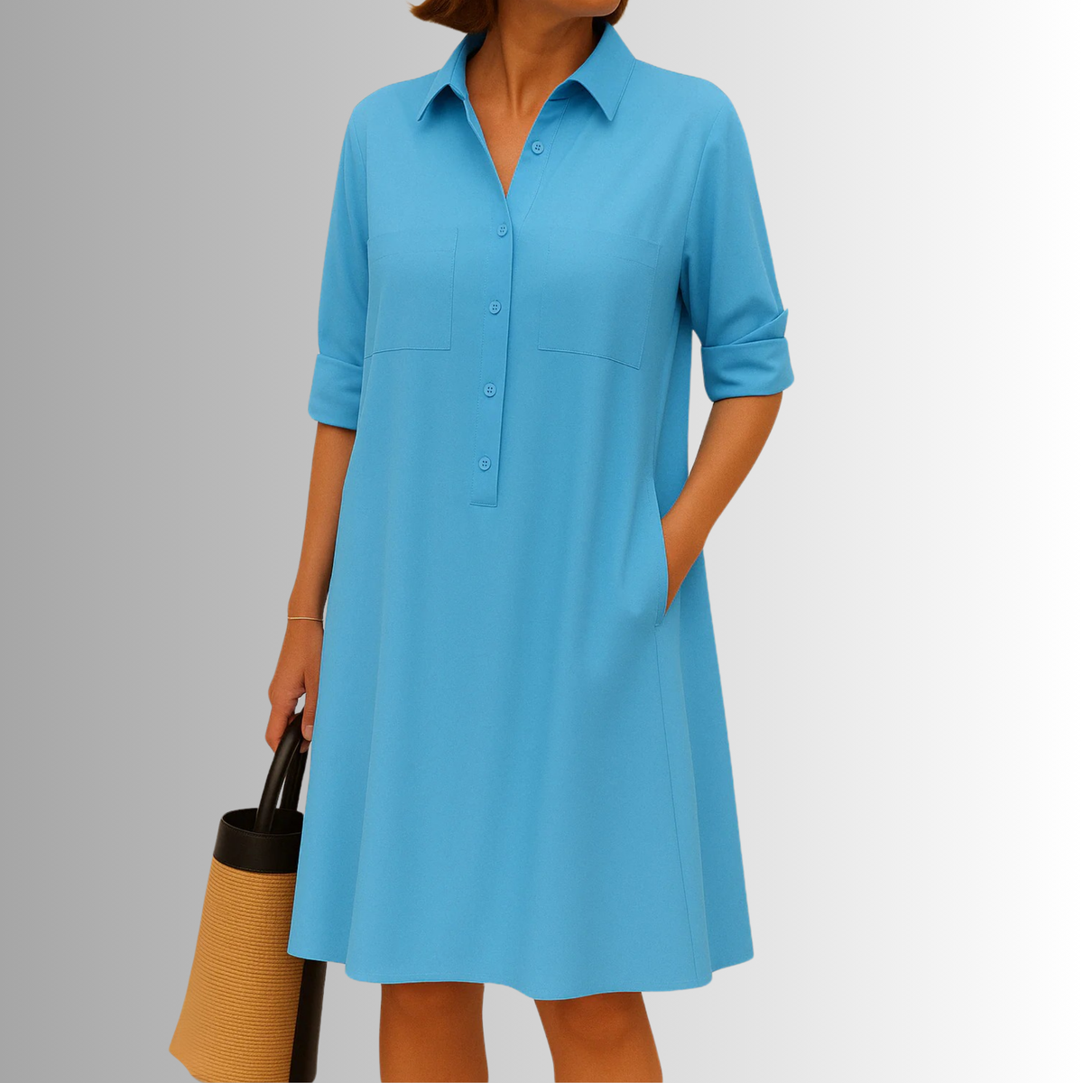 MODEGEIST Damen Knopf-Kleid A-Linie Leichter Stoff Dreiviertel-Ärmel