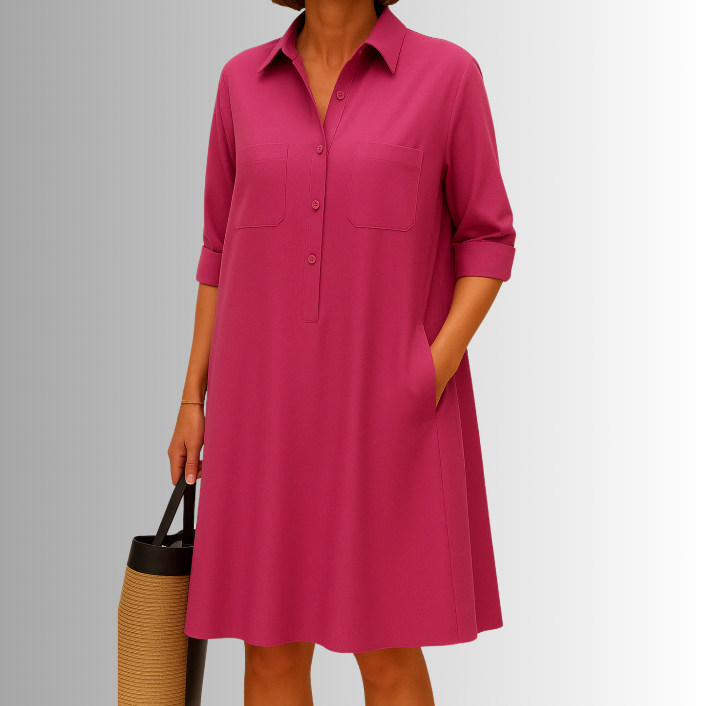MODEGEIST Damen Knopf-Kleid A-Linie Leichter Stoff Dreiviertel-Ärmel