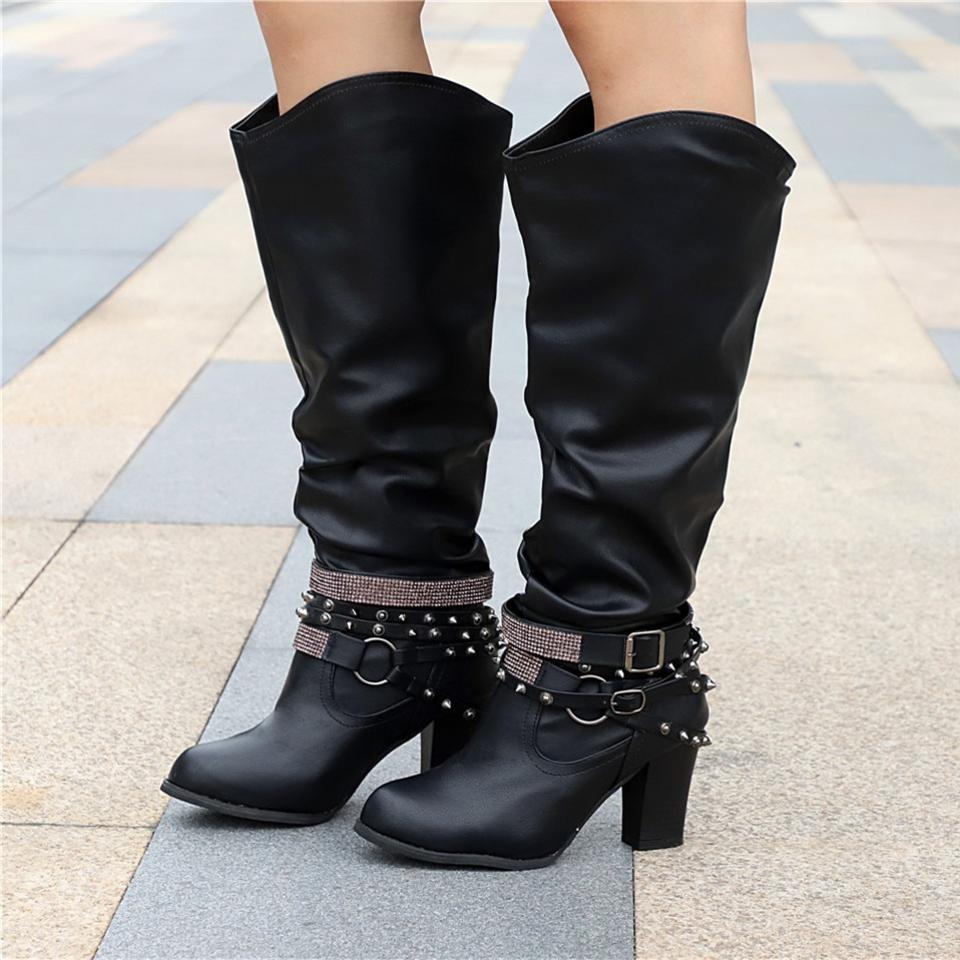 MODEGEIST Damen Knie-Stiefel Slouchy Blockabsatz Vielseitig Elegant