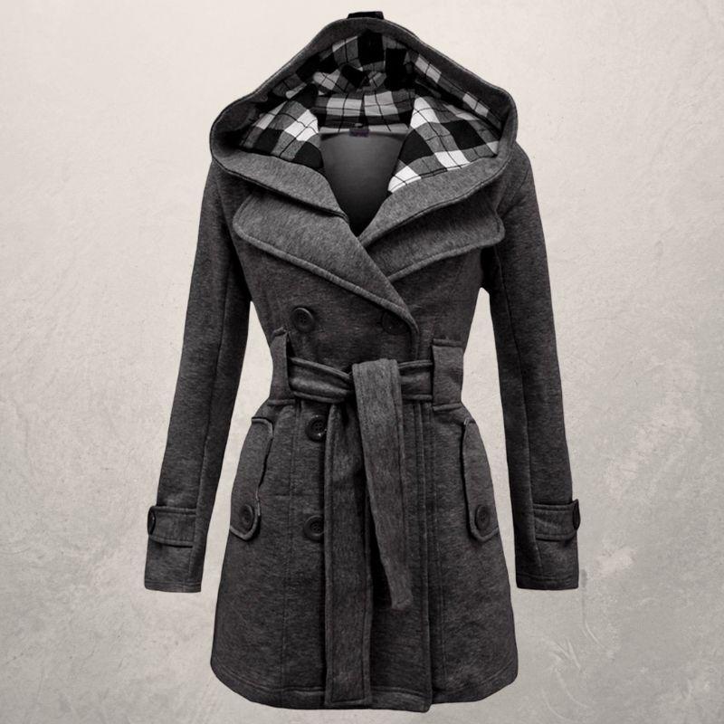 ModeGeist | Trenchcoat - Zweireihig - Kapuze - Gürtelschnalle In Der Taille - Klassischer Schnitt
