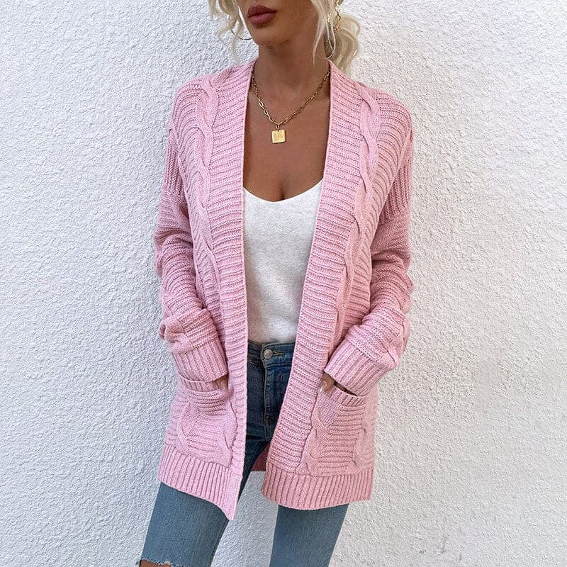 ModeGeist | Cardigan - Strick Kabelstrick - Offene Front - Lange Ärmel mit Taschen