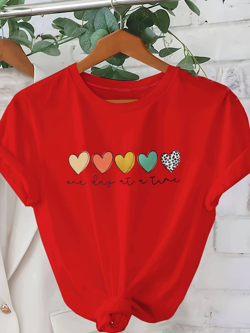 Damen T-Shirt mit Herz-Print, kurzärmelig