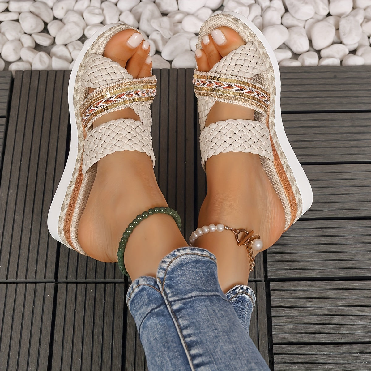 MODEGEIST Damen Geflochtene Slip-On Sandalen Sommerschuhe Flexibel