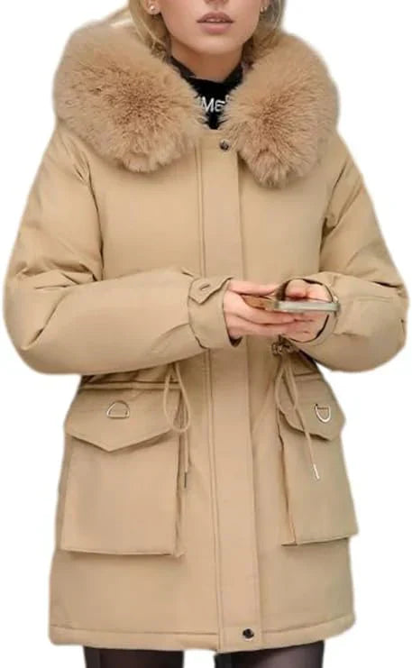 ModeGeist | Parka Mantel – Isoliert Mid-Thigh Passform – Kunstfell Kapuze – Verstellbare Taille