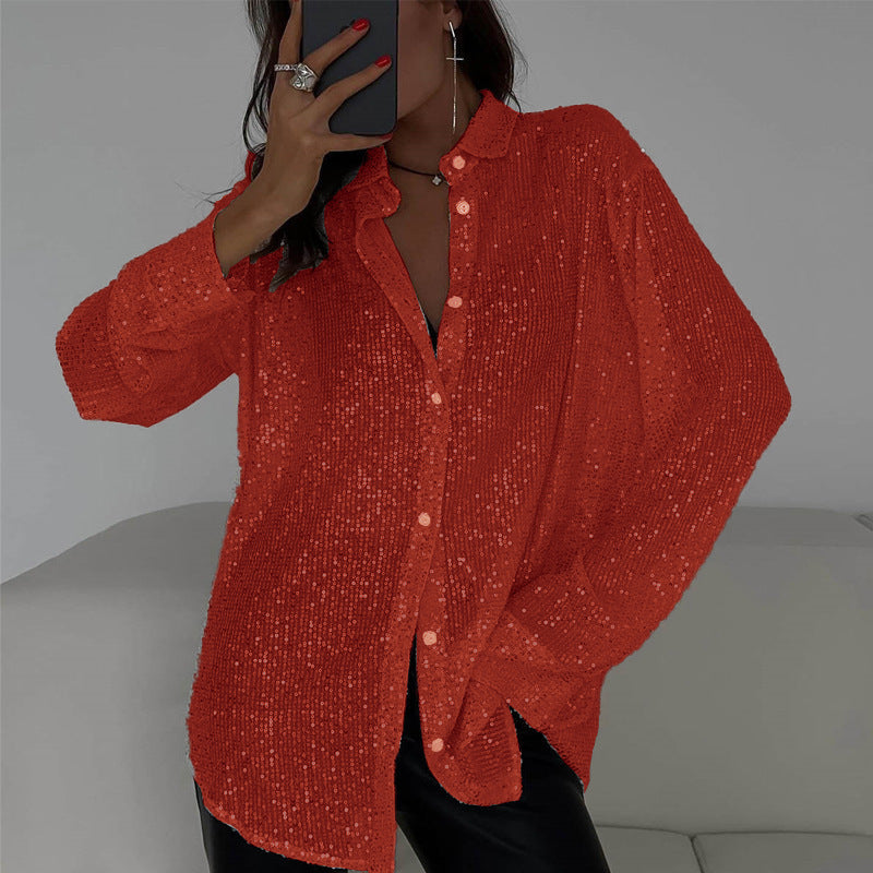 Modisches, langärmliges Pailletten-Shirt mit Revers von Fudus – perfekt für Partys und Streetstyle