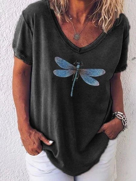 MODEGEIST Damen V-Ausschnitt T-Shirt Libellen-Print Rosa Casual