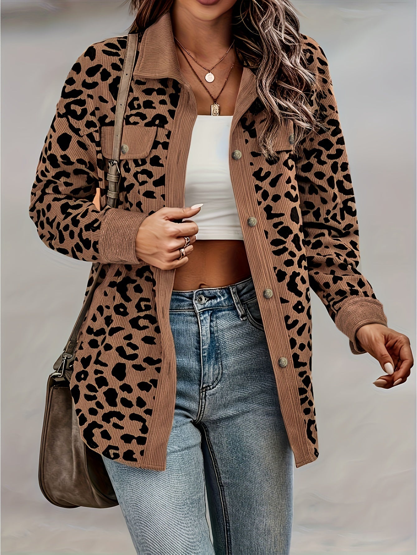 ModeGeist | Leopardenmuster Langhe Hemdbluse Polyester Stilvoll und Trendy