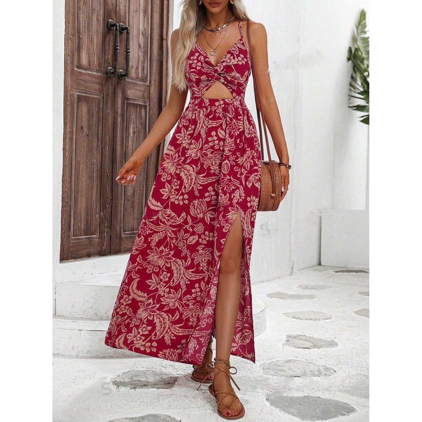 Fudus Sommerkleid für Frauen: Europäisch-amerikanisches Design,  ausschnittlos, gefaltet, gemustert und mit Halterneck.