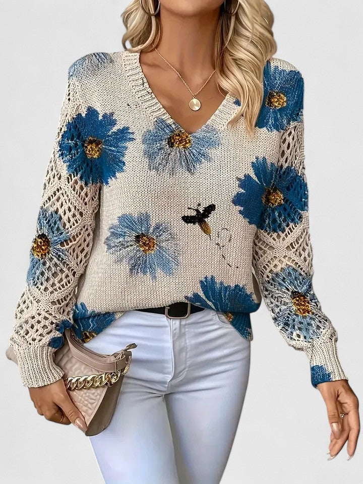 MODEGEIST Damen Pullover Blumenmuster Weiss Rosa