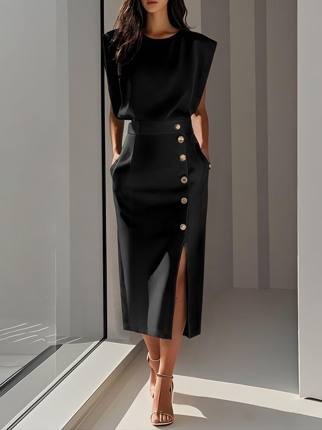 MODEGEIST Damen Midi-Kleid Entspannter Schnitt Knopfdetail Vielseitig