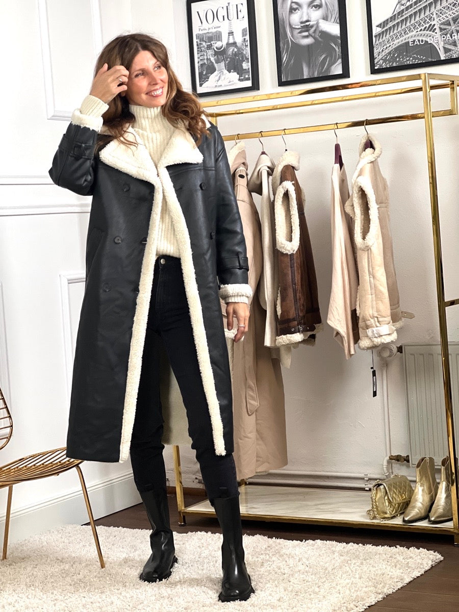 ModeGeist | Gewickelter Mantel für Frauen - Weiches Faux Shearling - Gürtel In Der Taille - Elegantes Langes Modell