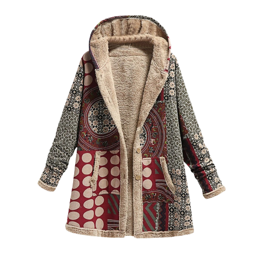 ModeGeist | Kapuzenmantel - Patchwork-Design - Gefüttert mit Weichem Sherpa - Knöpfe und Taschen