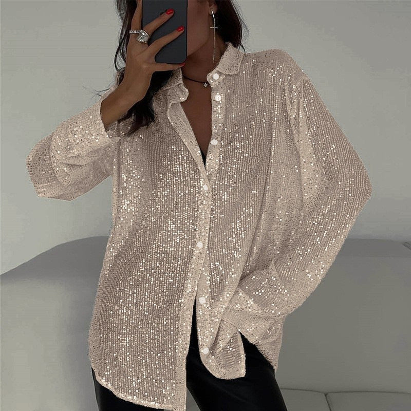 Modisches, langärmliges Pailletten-Shirt mit Revers von Fudus – perfekt für Partys und Streetstyle