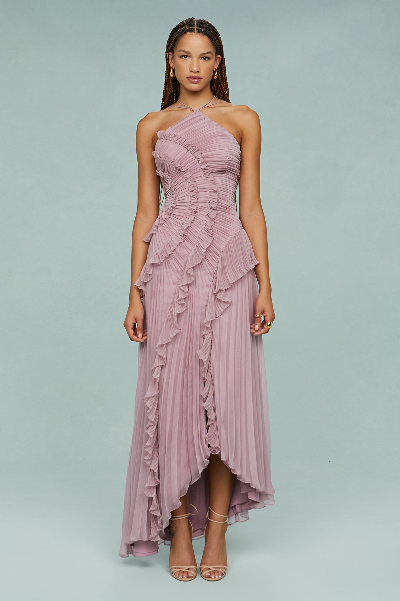 MODEGEIST Damen Neckholder-Kleid fließender Rock verstellbarer Ausschnitt