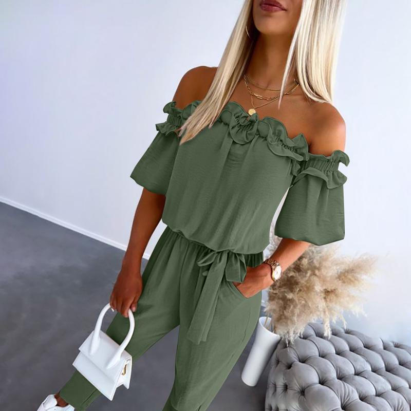 MODEGEIST Damen Off-Shoulder Jumpsuit Rüschen Taillengürtel Elegant