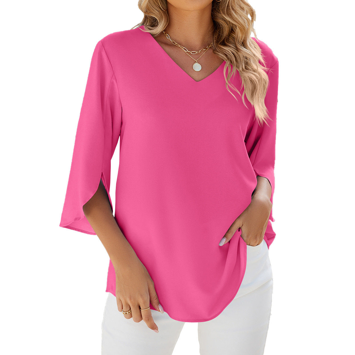 Leichte Damenchiffonbluse mit V-Ausschnitt von Fudus
