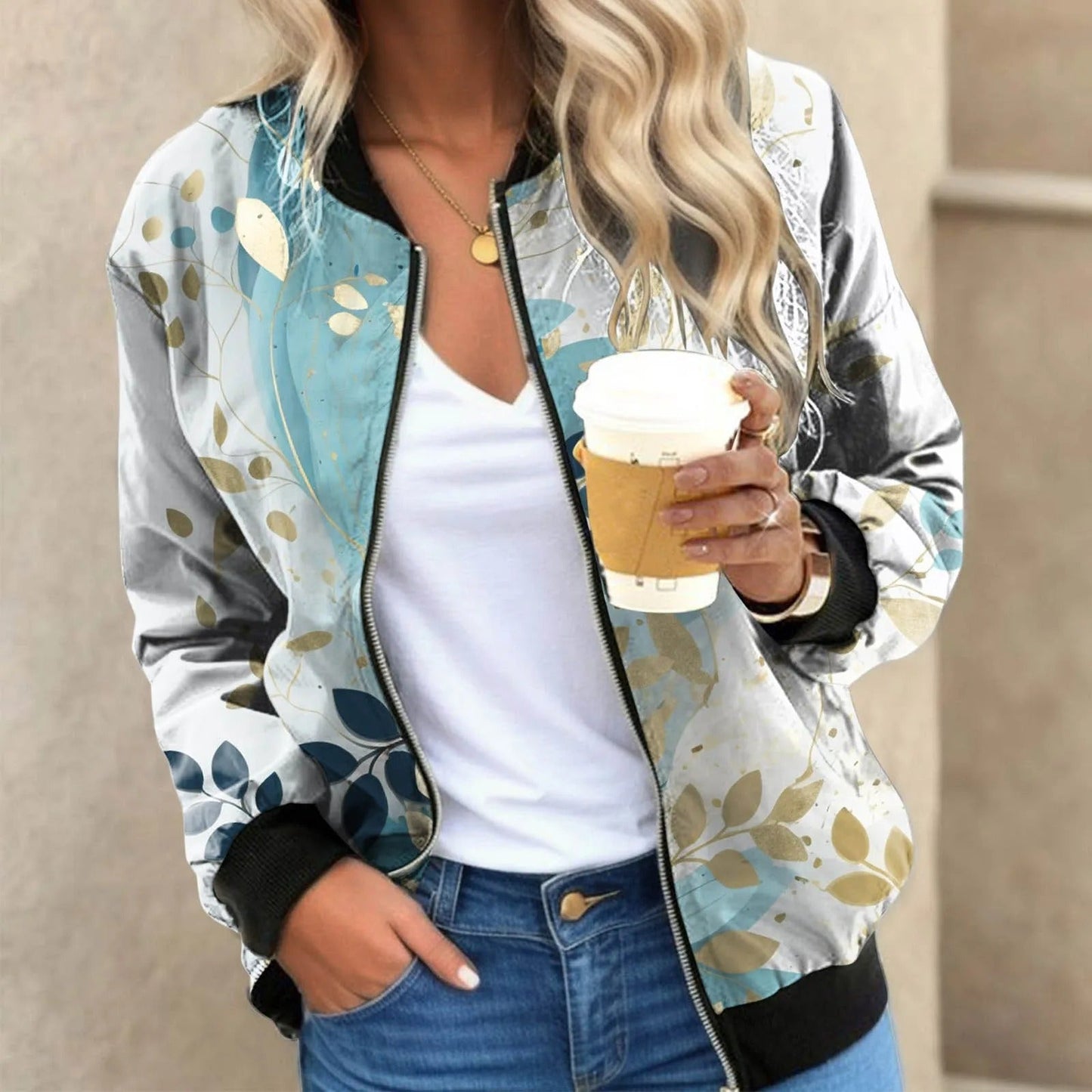 ModeGeist | Blumengemusterte Bomberjacke mit Federprint Polyester Elegant und Lässig