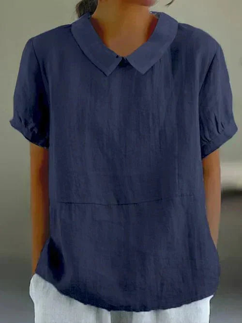 MODEGEIST Damen Bluse kurzarm Peter-Pan-Kragen Leinen-Optik hellblau