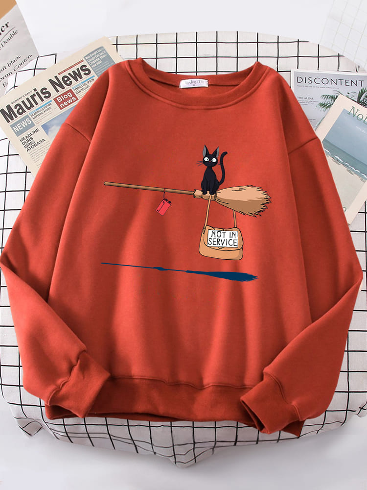 Damen-Pullover mit magischem Besen-Motiv für Katzenliebhaber