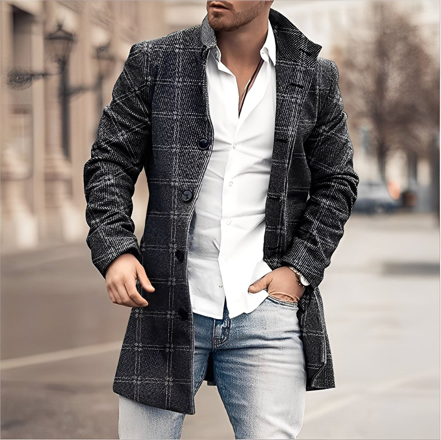 ModeGeist | Lässiger Langer Tweed-Mantel für Herren