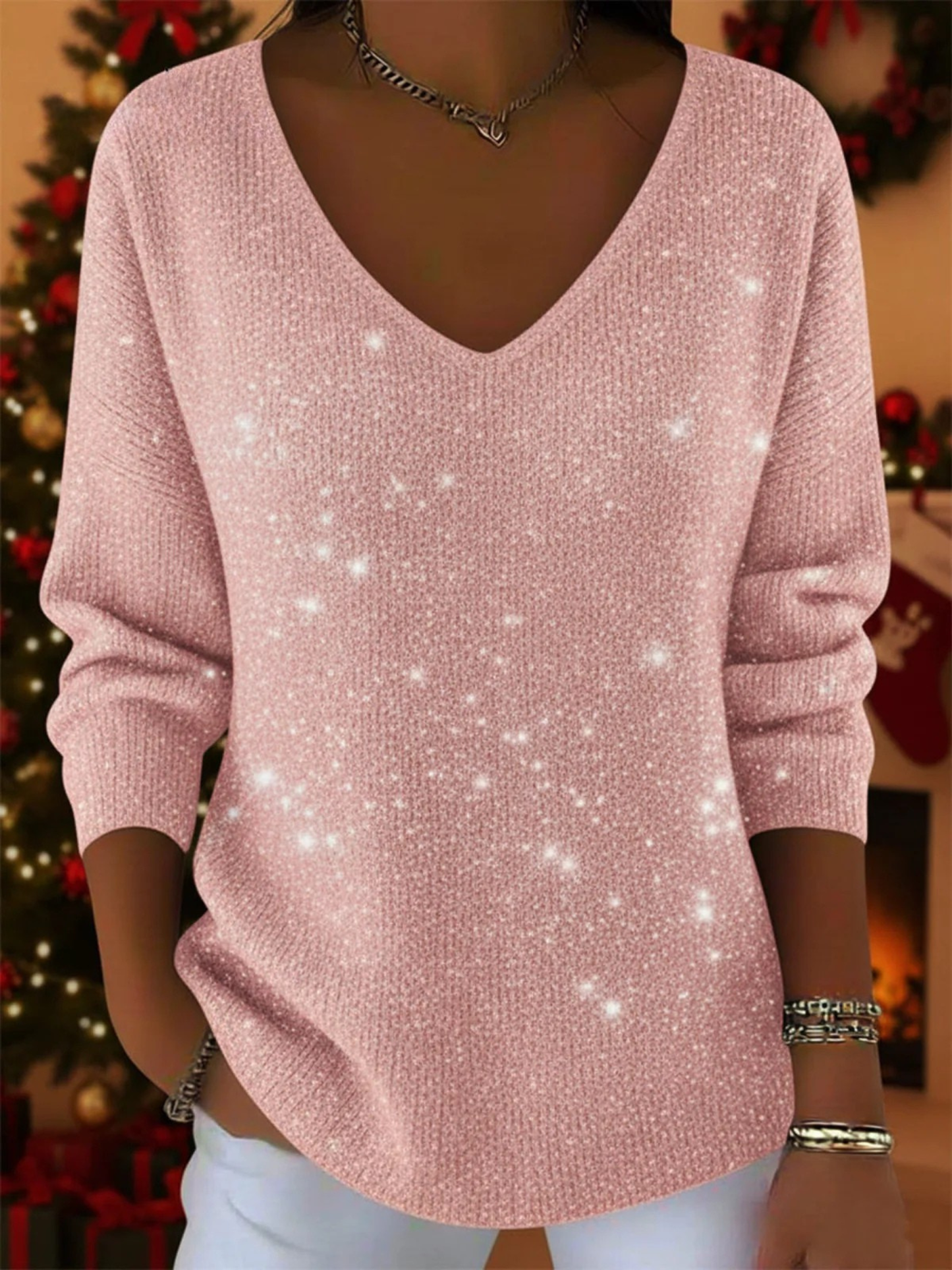 MODEGEIST Damen Pullover V-Ausschnitt Festliches Design Strick
