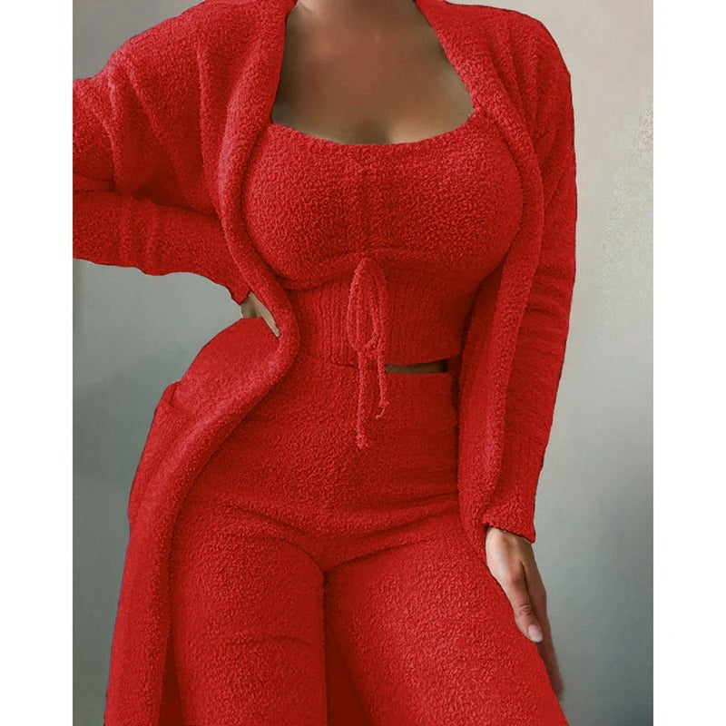 Damen Pyjama Carlotta: Bequemer 3-teiliger Fleece-Baumwoll Schlafanzug