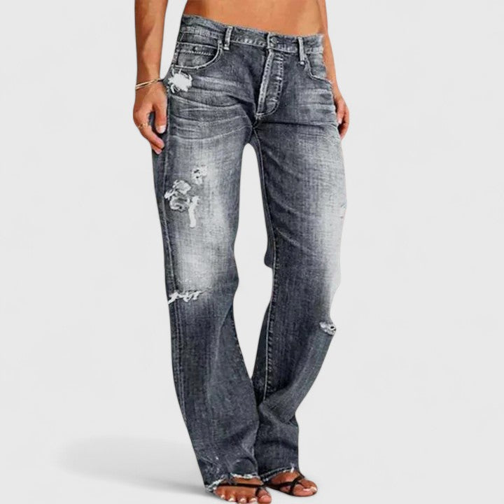MODEGEIST Damen Straight Jeans Used-Look Low-Rise Hellblau Distressed
