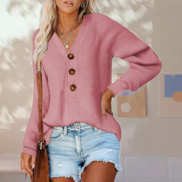 ModeGeist | Pullover - Damen Herbst Knopf V-Ausschnitt Strickpullover