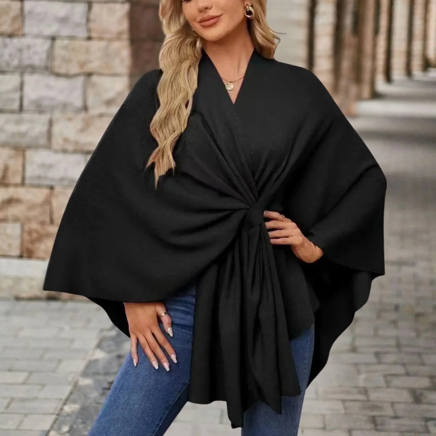 MODEGEIST Damen Poncho Leicht Draped Knoten-Design Oversized