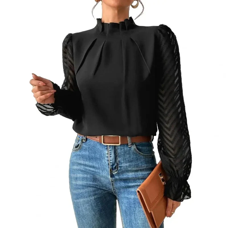Elegante Bluse mit Spitzenärmeln und hohem Kragen von Silvene für Damen