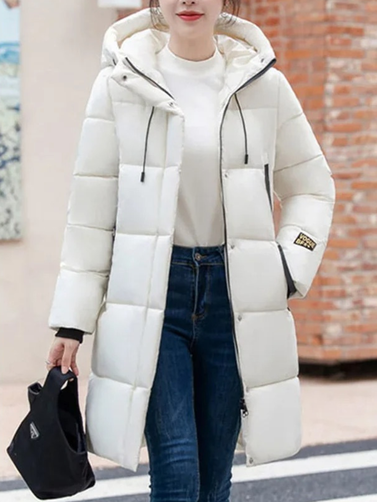 ModeGeist | Stylische Khakifarbene Pufferjacke mit Kapuze und Reißverschluss
